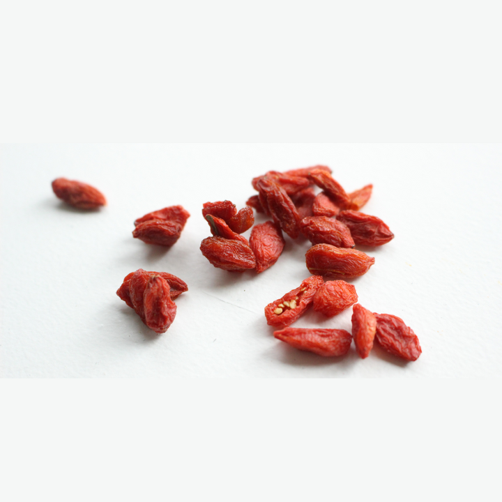 Goji berry (dried); has various benefits for the skin, eyes, and immune system.