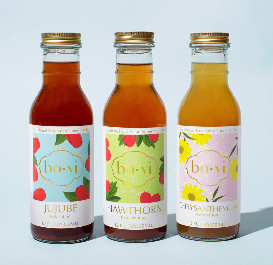 Boyi premium Asian inspired herbal and superfood teas brewed with whole, organic herbs. Featuring the Jujube, Hawthorn, and Chrysanthemum.