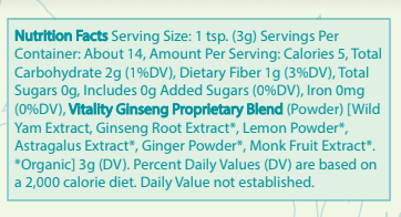 vitality ginseng proprietary blend nutrition facts